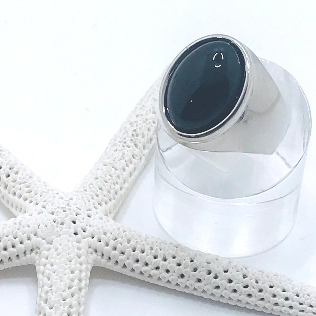 Oval Gemstone Signet Ring - Black Agate - Rhodium