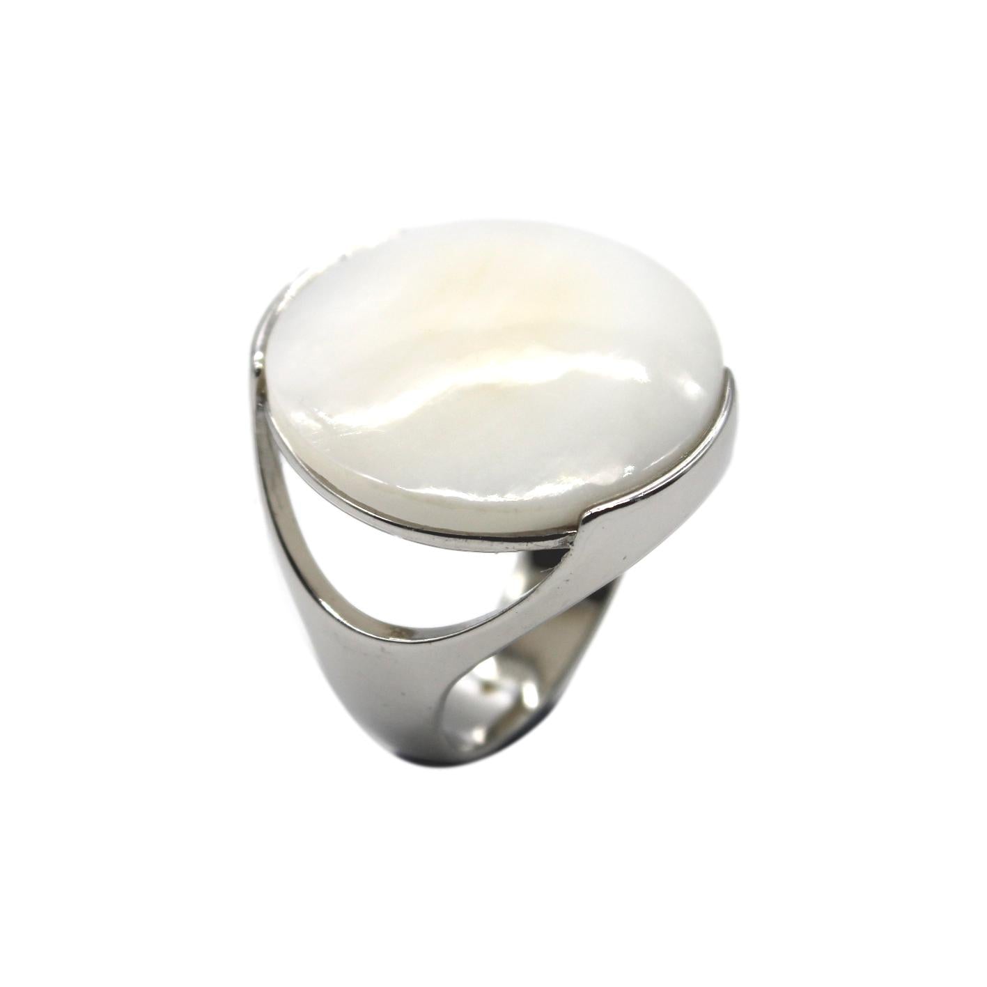 Geometric Circular Gemstone Ring - Mother of Pearl - Rhodium
