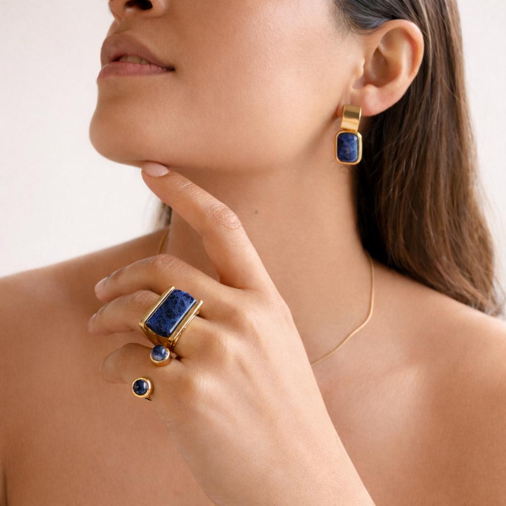 Sodalite Twin Ring - Rhodium