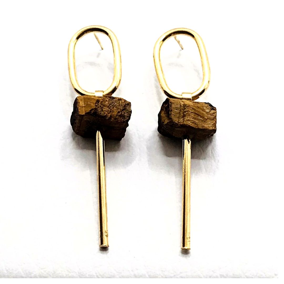 Long Stick Raw Gem Earring - Tiger Eye