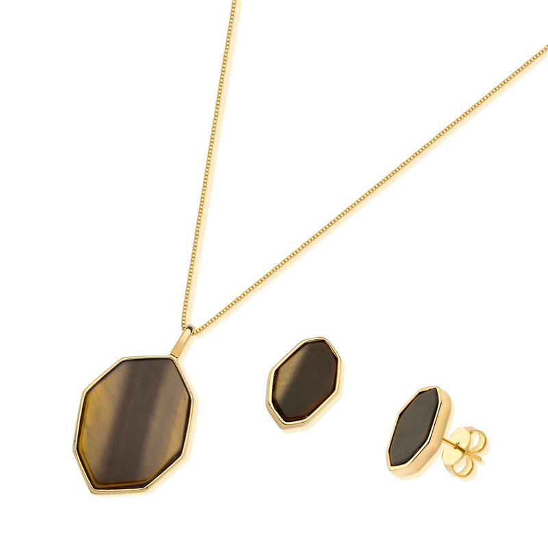 Arete Geométrico-Chapado en Oro de 18k - Ojo de Tigre