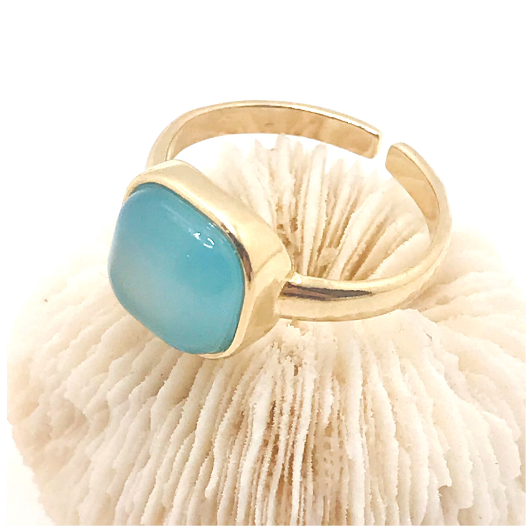 Adjustable Square Gemstone Ring - Blue Sky Agate- 6 to 7 1/2