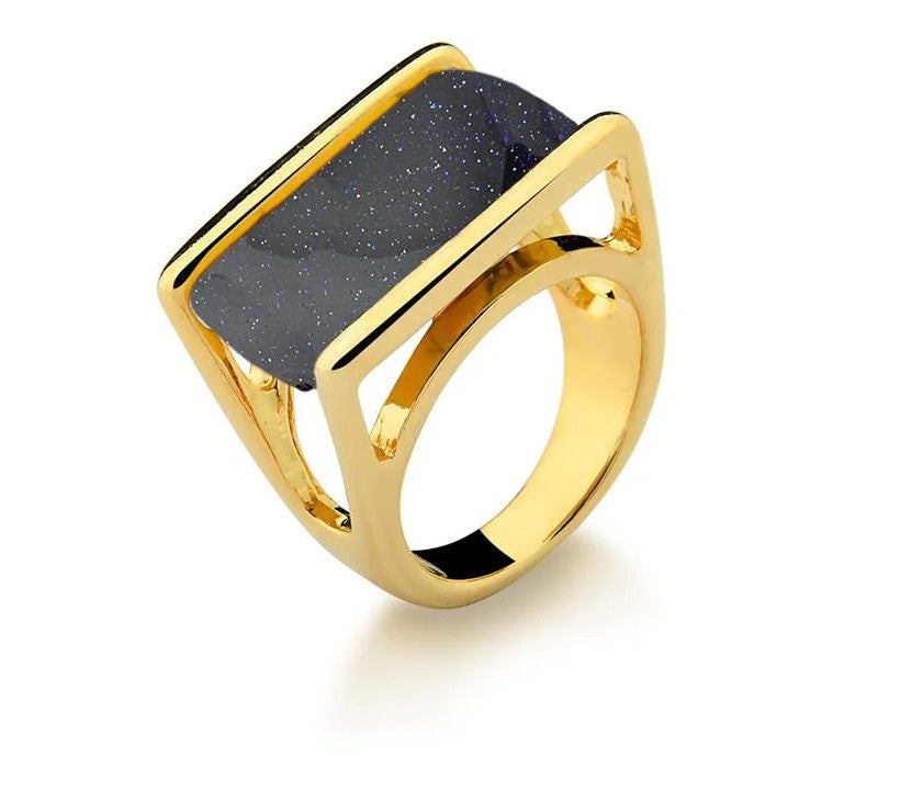 Rectangular Slab Gemstone Ring - Black Agate -Gold Plated