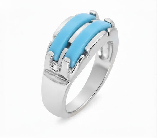 Double Stripe Gemstone Ring- Blue Agate -Rhodium