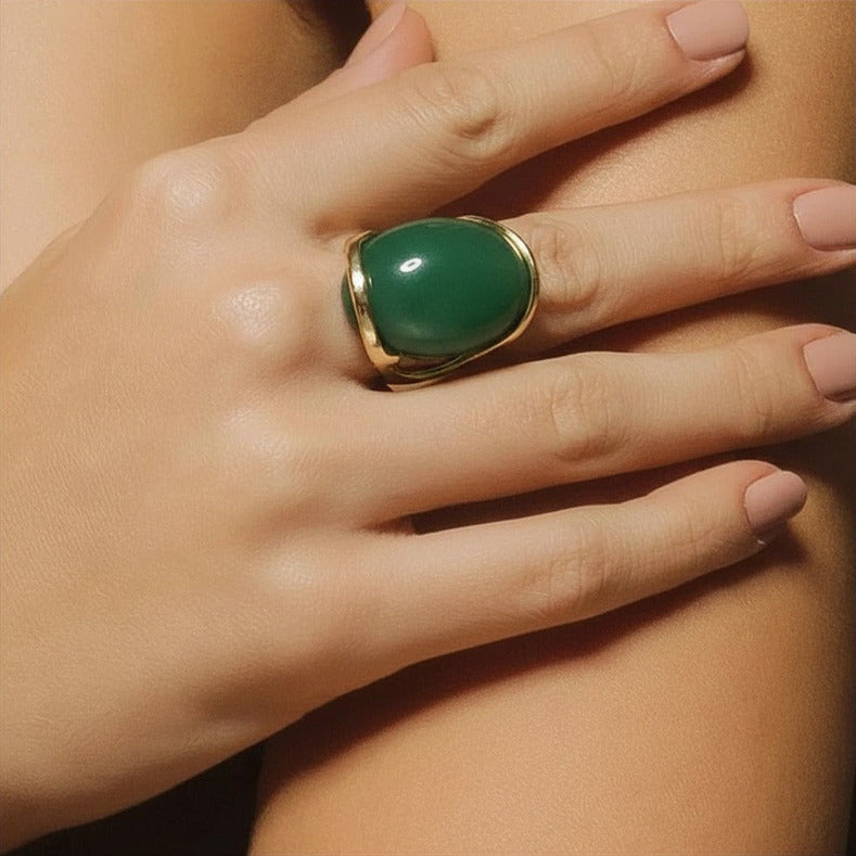 Medium Oval Gemstone Ring - Green Agate
