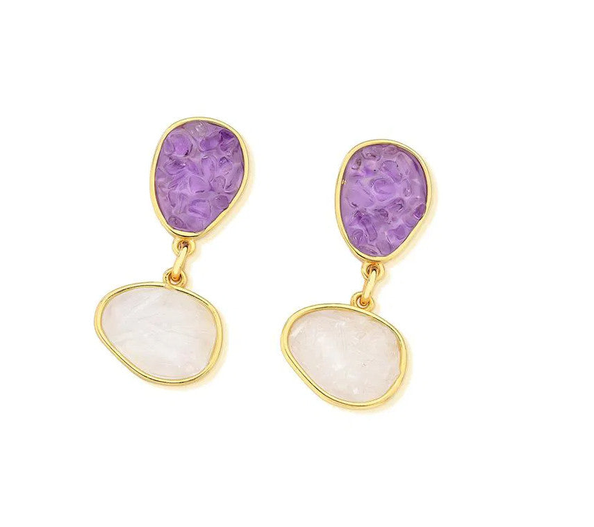 Pendiente de poste de piedra preciosa rectangular - Cuarzo rosa