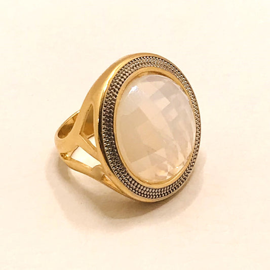Large Pearly Gemstone Ring w/ Rhodium - Pearly Opaline