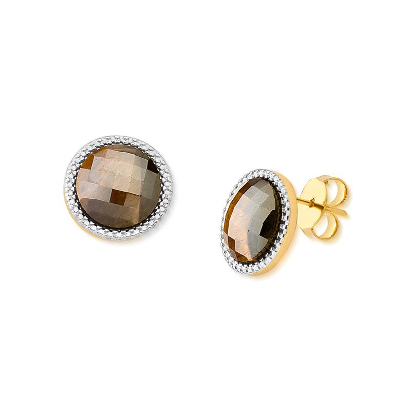 Pearly Gemstone Round Earring w/ White Rhodium - Pearly Tiger Eye
