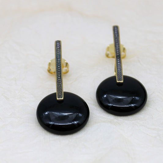 Circle Gemstone Stick Earring - Black Agate