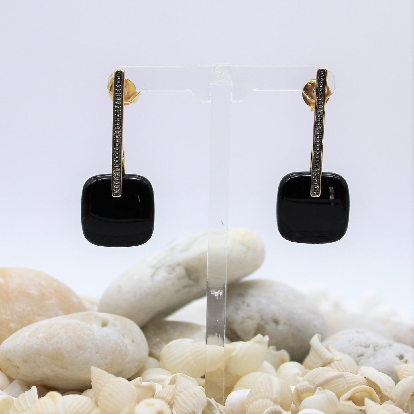 Square Gemstone Stick Earring - Black Agate