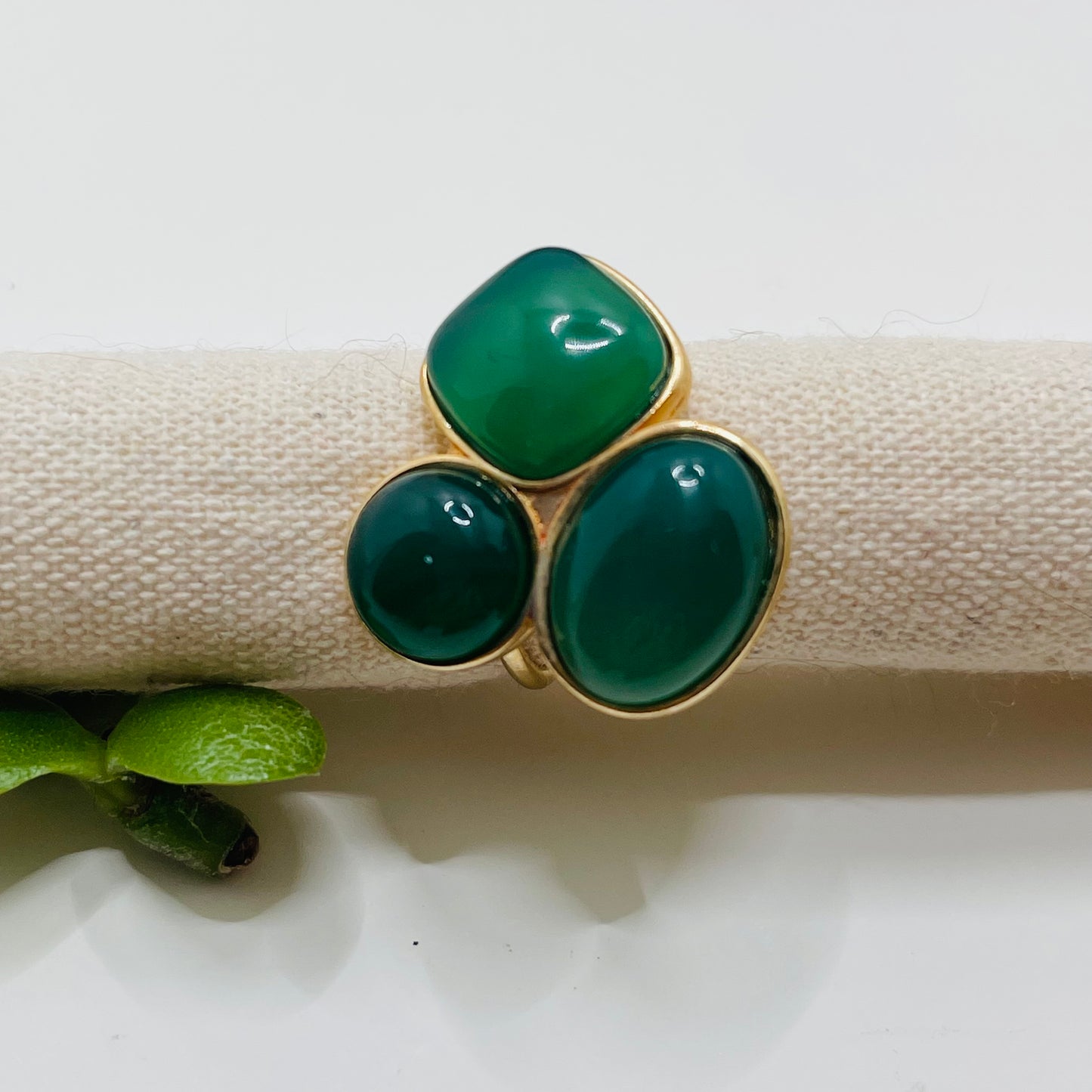Three Gemstones Adjustable Ring - Green Agate
