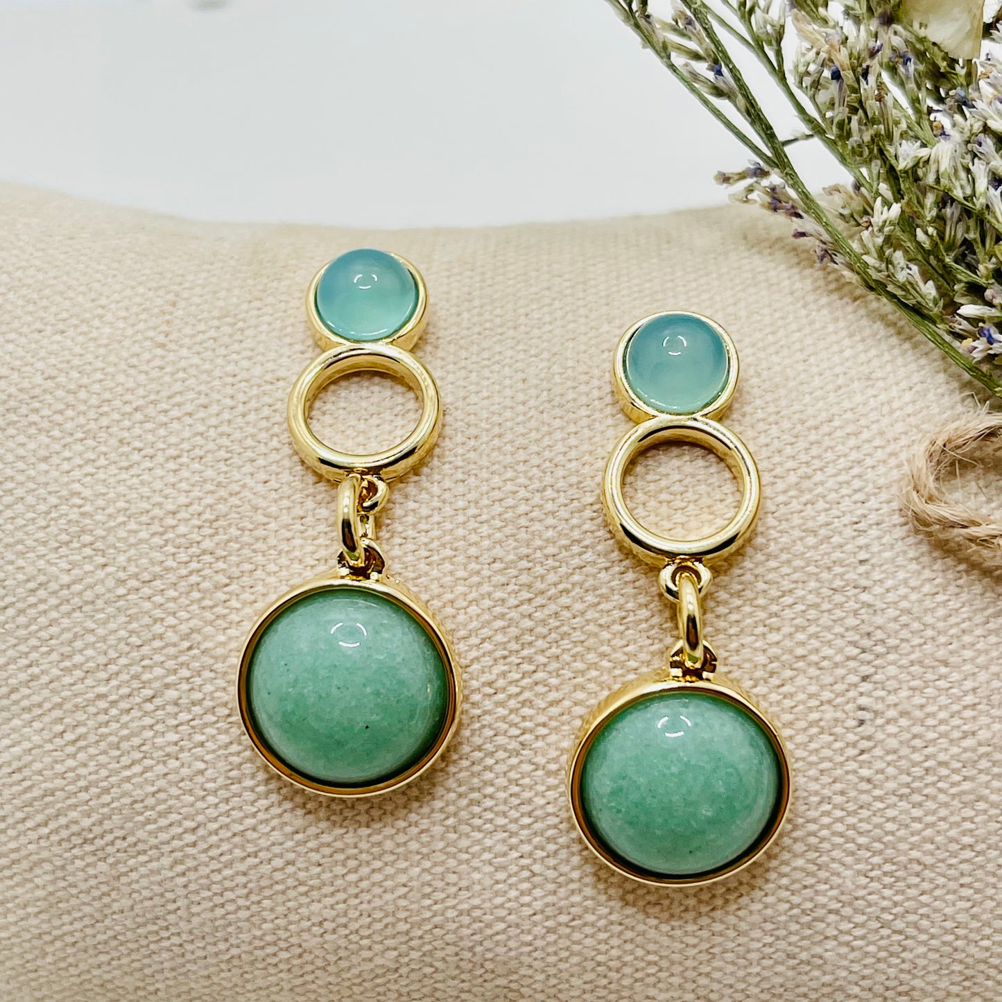 Whisper Circles Earring-  Green Quartz and Blue Agate