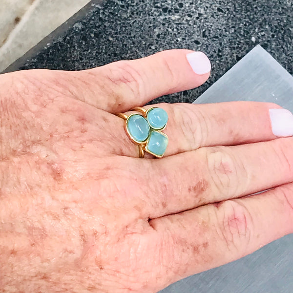 Small Three Gemstones Adjustable Ring - Blue Sky Agate