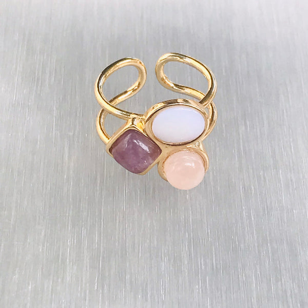 Small Three Gemstones Adjustable Ring - Rose Quartz - Amethyst - Mother pf Pearl