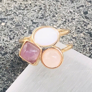 Small Three Gemstones Adjustable Ring - Rose Quartz - Amethyst - Mother pf Pearl