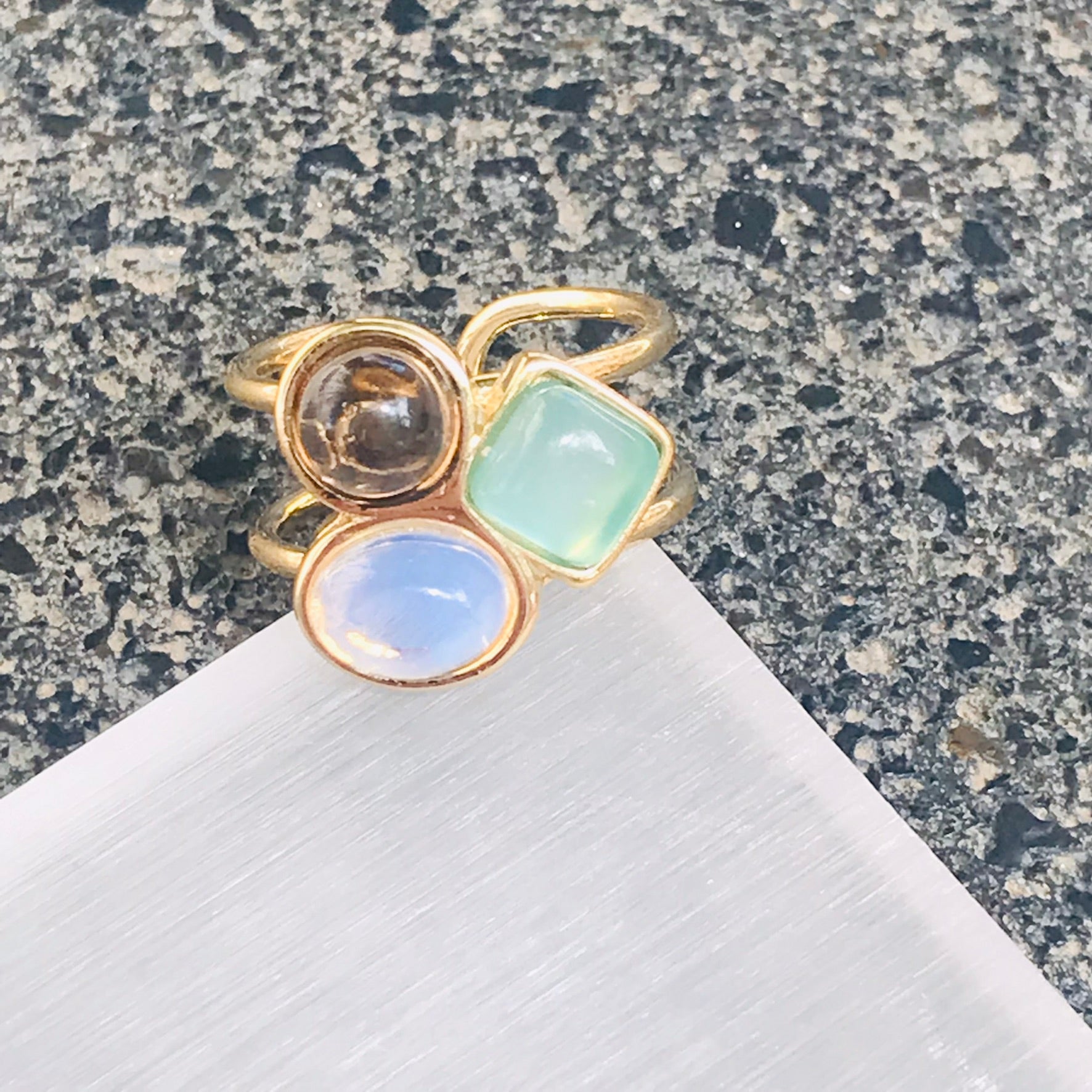 Small Three Gemstones Adjustable Ring - BlueAgate - Opaline- Smoke Obs.