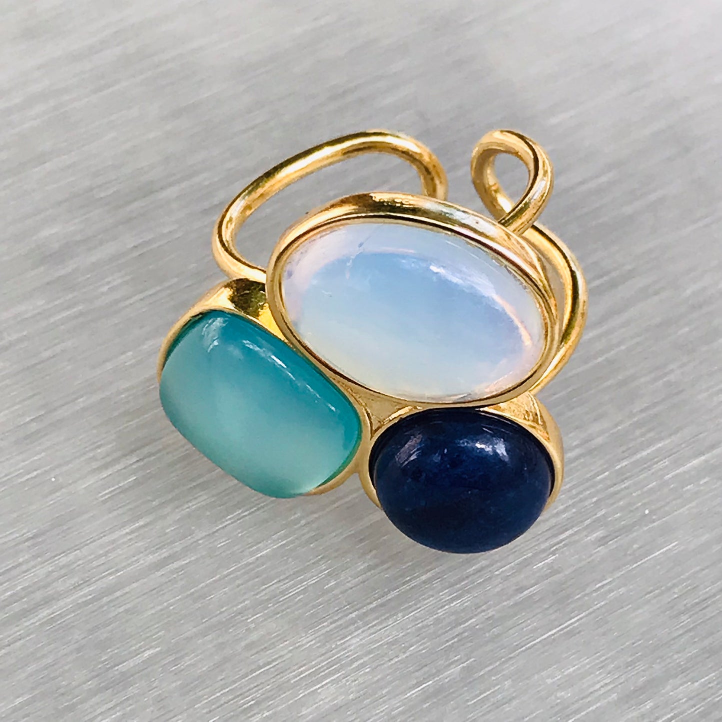 Three Gemstones Adjustable Ring - Sodalite- Opaline - Blue Sky Agate