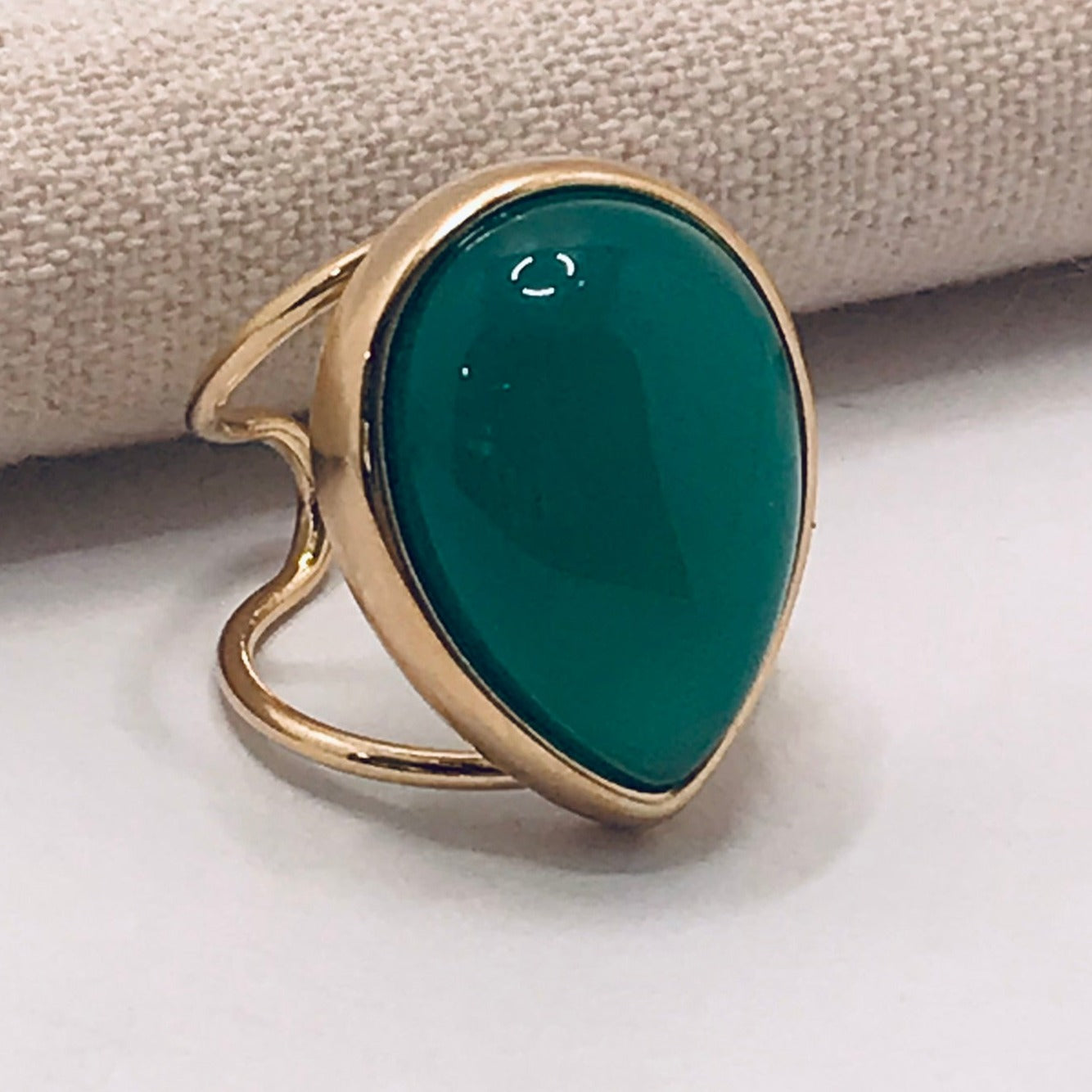 Large Drop Gemstone Adjustable Ring - Green Agate