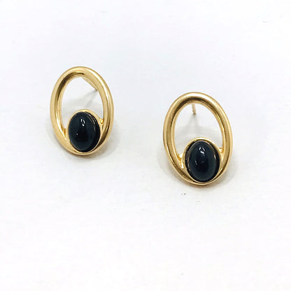 Oval Frame and Gemstone Earring 18K GOLD PLATED BLACK AGATE