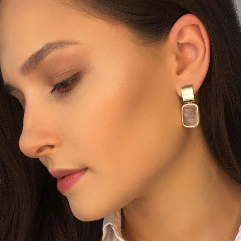 Rectangular Genestone Earrings With Base - Opaline