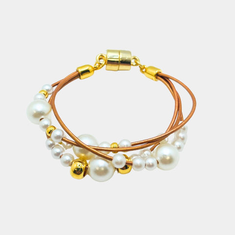 Leather and Pearls Bracelet- Gold
