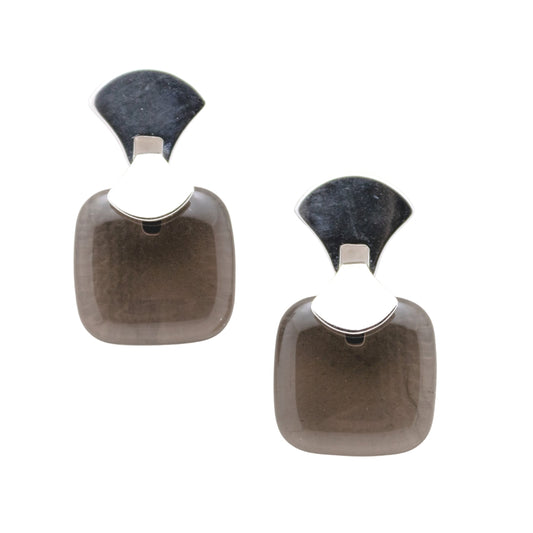 Frameless Square Gemstone Earring Rhodium- Smoke Obsidian