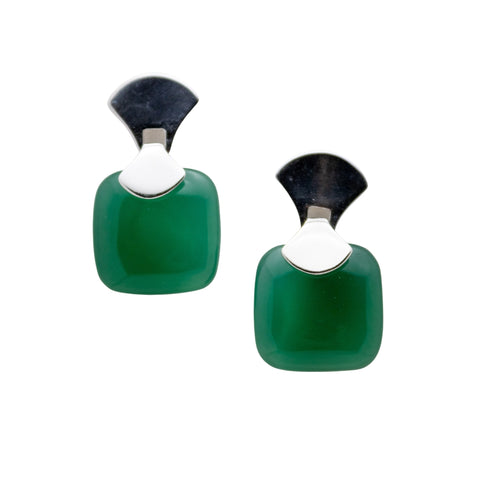 Frameless Square Gemstone Earring Rhodium- Green Agate