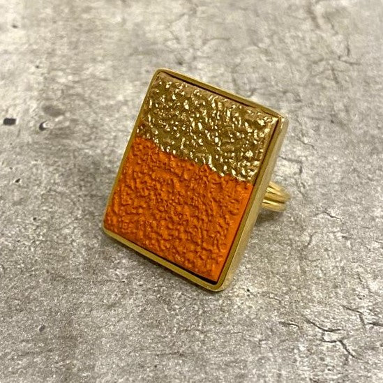 Concrete Texture Rectangular Ring- Gold - Orange
