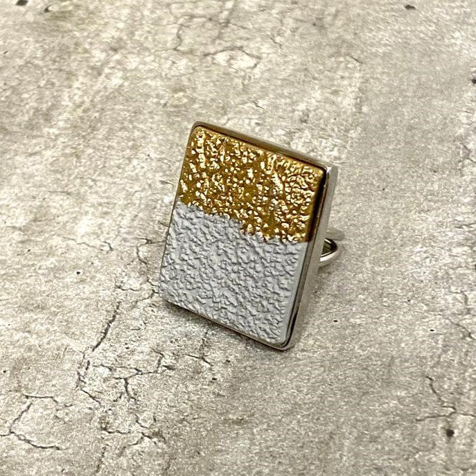 Concrete Texture Rectangular Ring- Gold - Silver