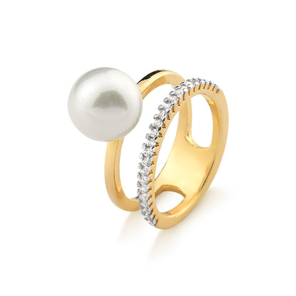 18K Gold Plated Double Band Pearl Ring with Zircon