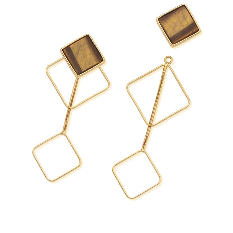 Square Long Geometric Earring - Gold Plated -  Tiger Eye