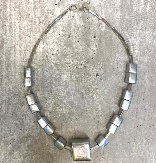 Cubes and Links Short Necklace - Silver