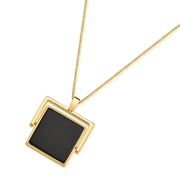 Square Geometric Necklace - 18k Gold Plated - Black Agate