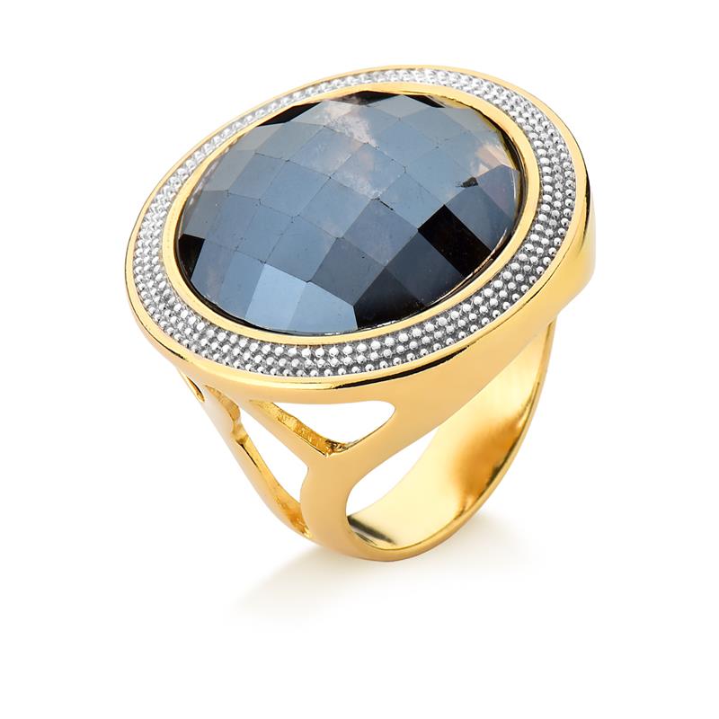 Large Pearly Gemstone Ring w/ Rhodium - Pearly Tiger Eye