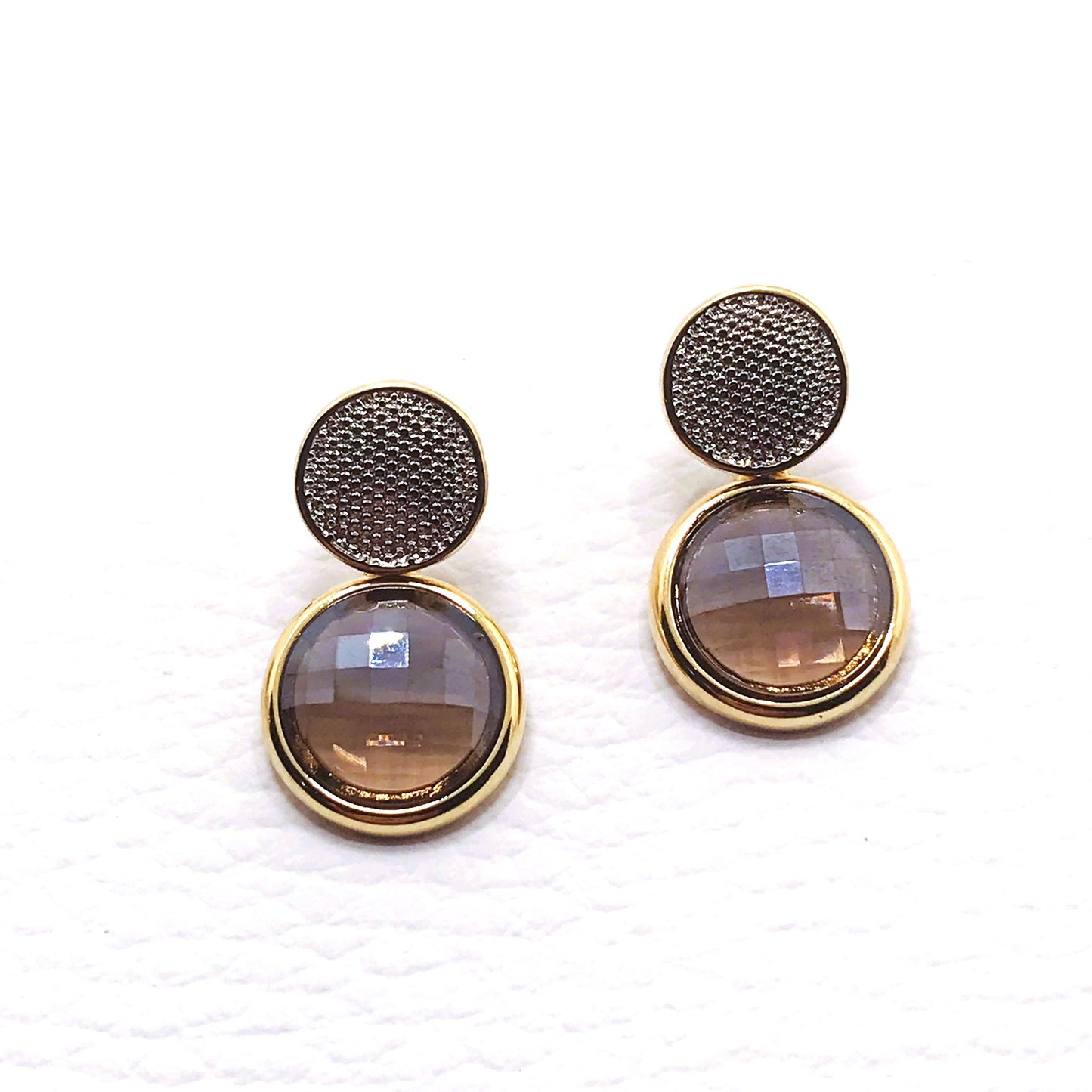Pearly Gemstone Earring w/ Gold Base - Pearly Smoke Obsidian