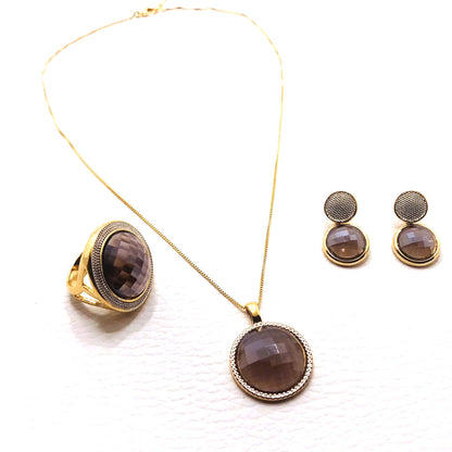 Pearly Gemstone Earring w/ Gold Base - Pearly Smoke Obsidian