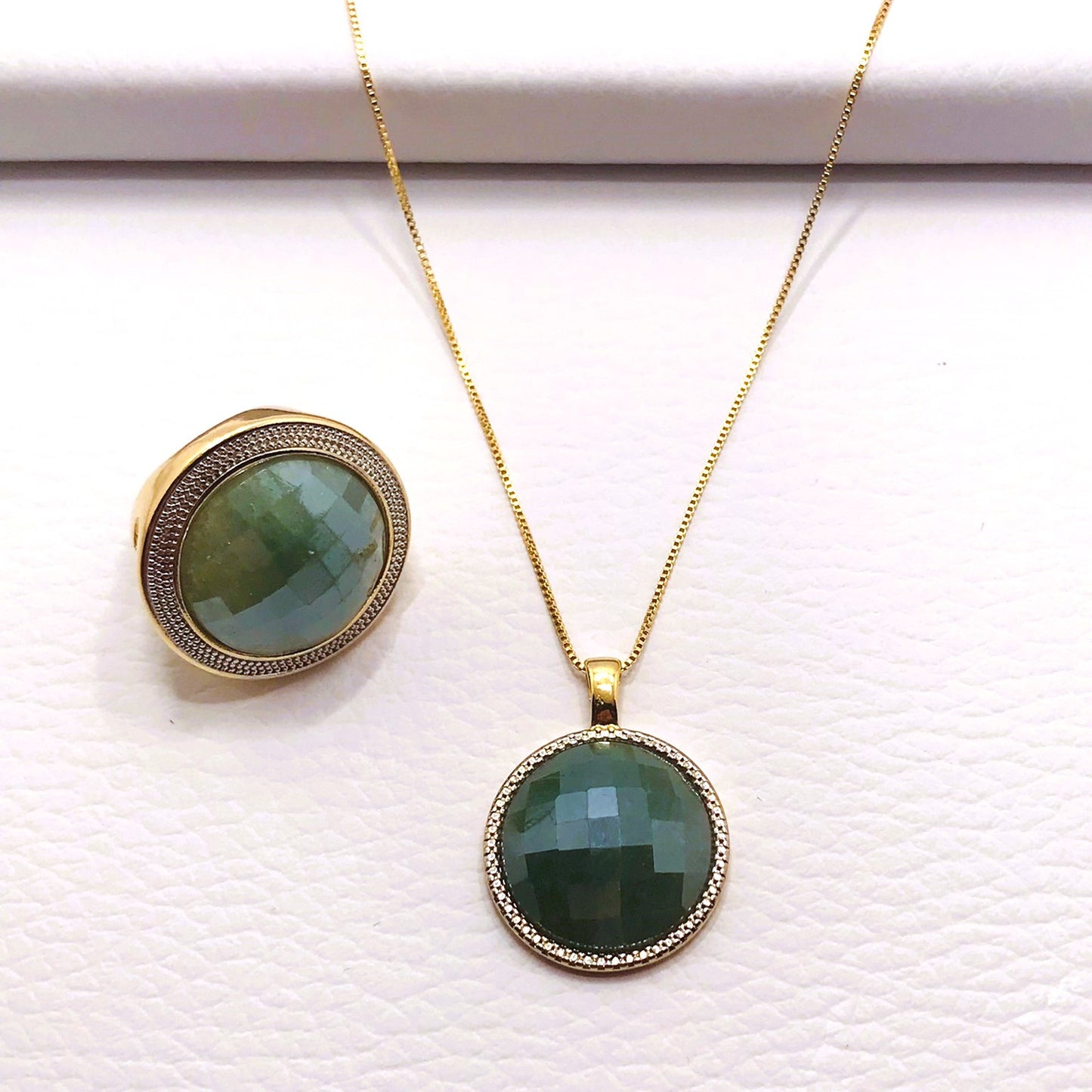 Large Pearly Gemstone Ring w/ Rhodium - Pearly Green Quartz