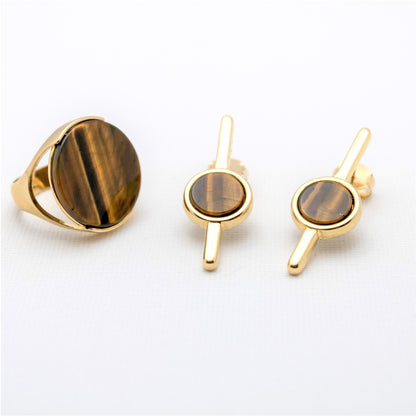 Pendiente de varilla y piedras preciosas con círculo geométrico - Ojo de tigre