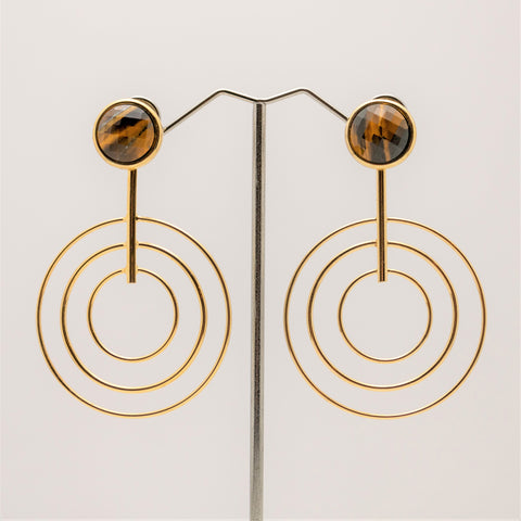 Faceted Gemstone Earring with Gold Rings - Tiger Eye