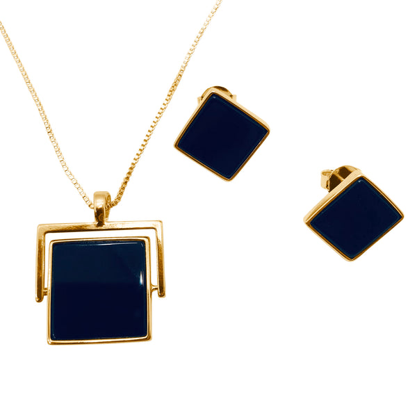 Square Geometric Necklace - 18k Gold Plated - Black Agate