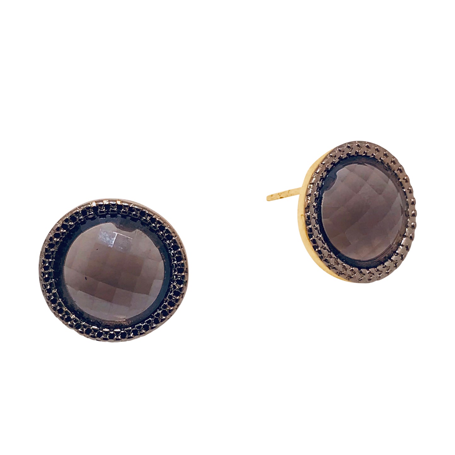 Pearly Gemstone Round Earring w/ White Rhodium - Pearly Smoky Obsidian