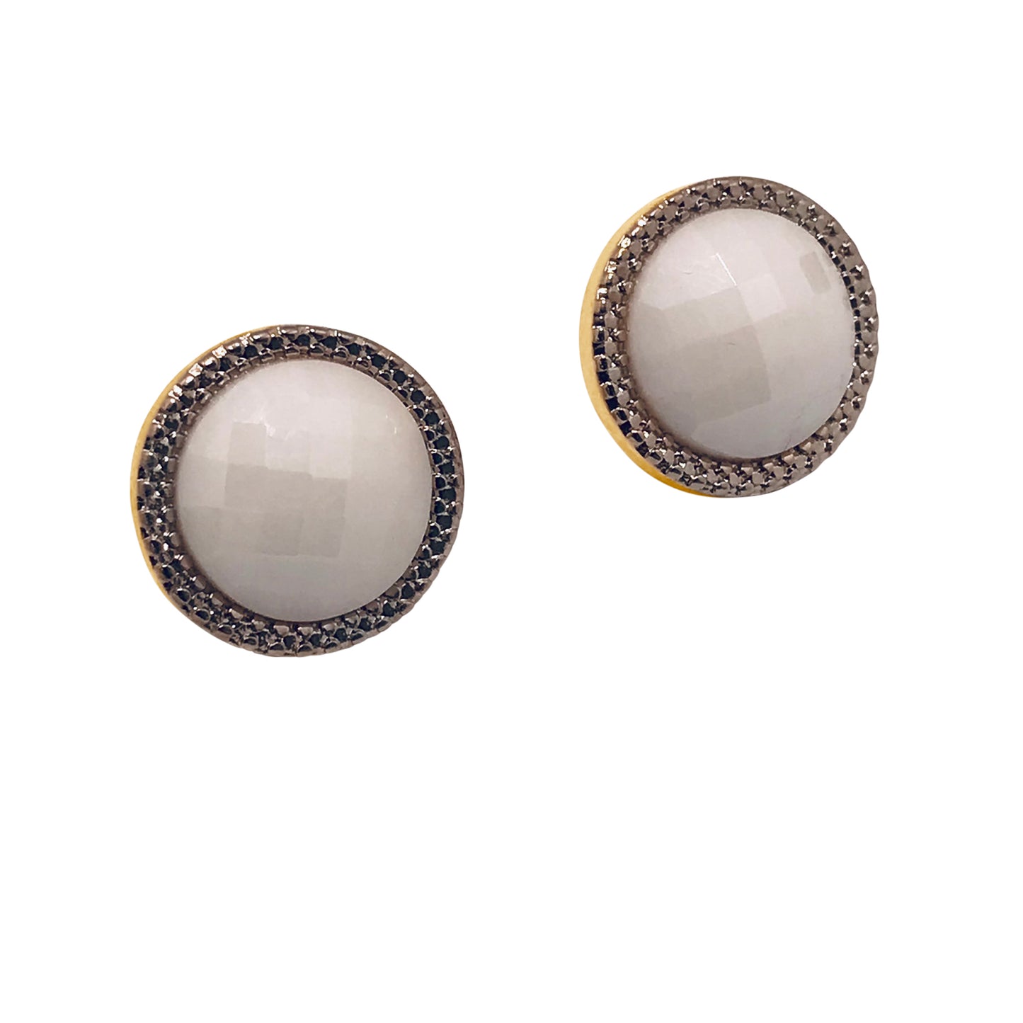 Pearly Gemstone Round Earring w/ White Rhodium - Pearly Porcelain