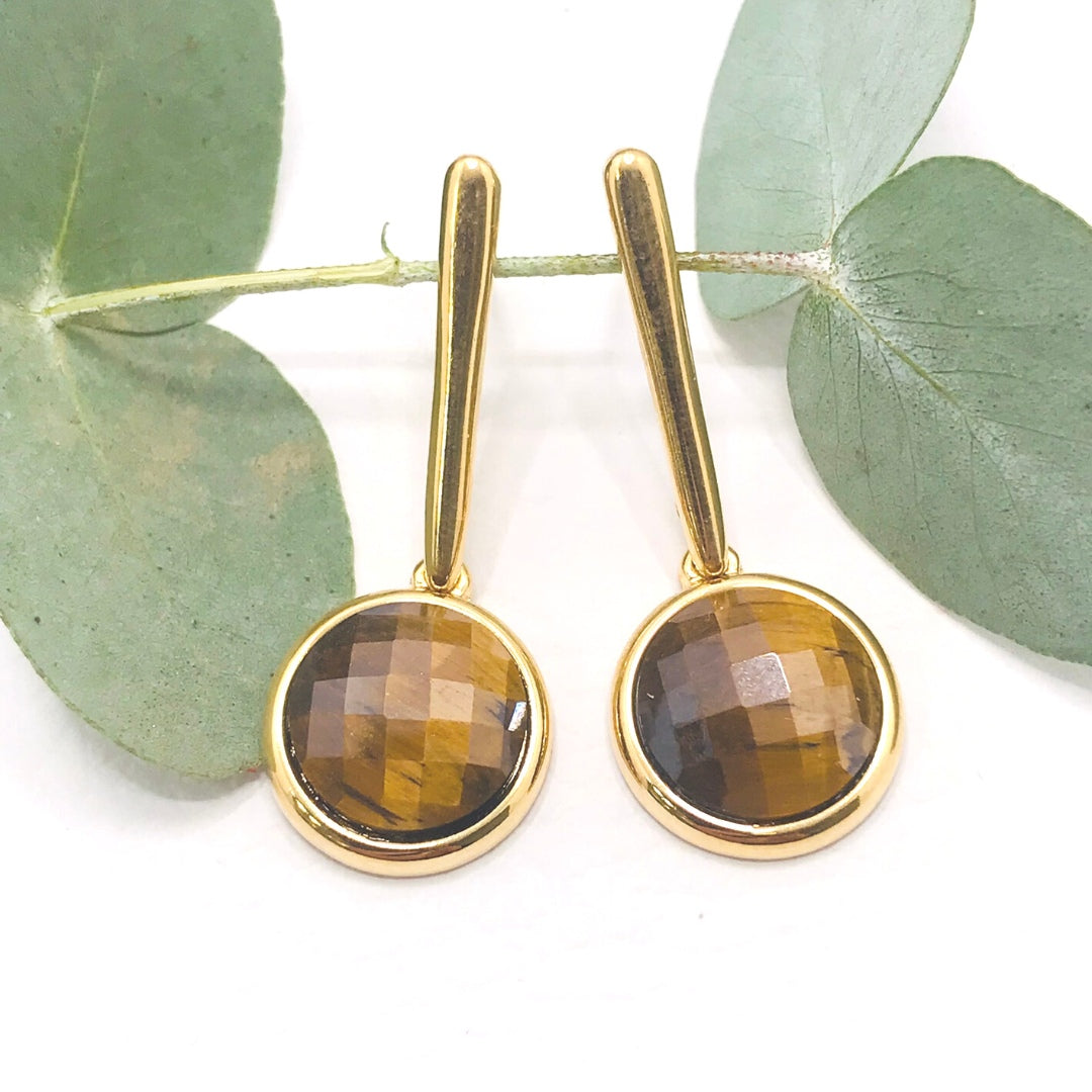 Pearly Gemstone Long Earring - Gold Plated - Pearly Tiger Eye