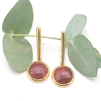 Pearly Gemstone Long Earring - Gold Plated - Pearly Sunstone